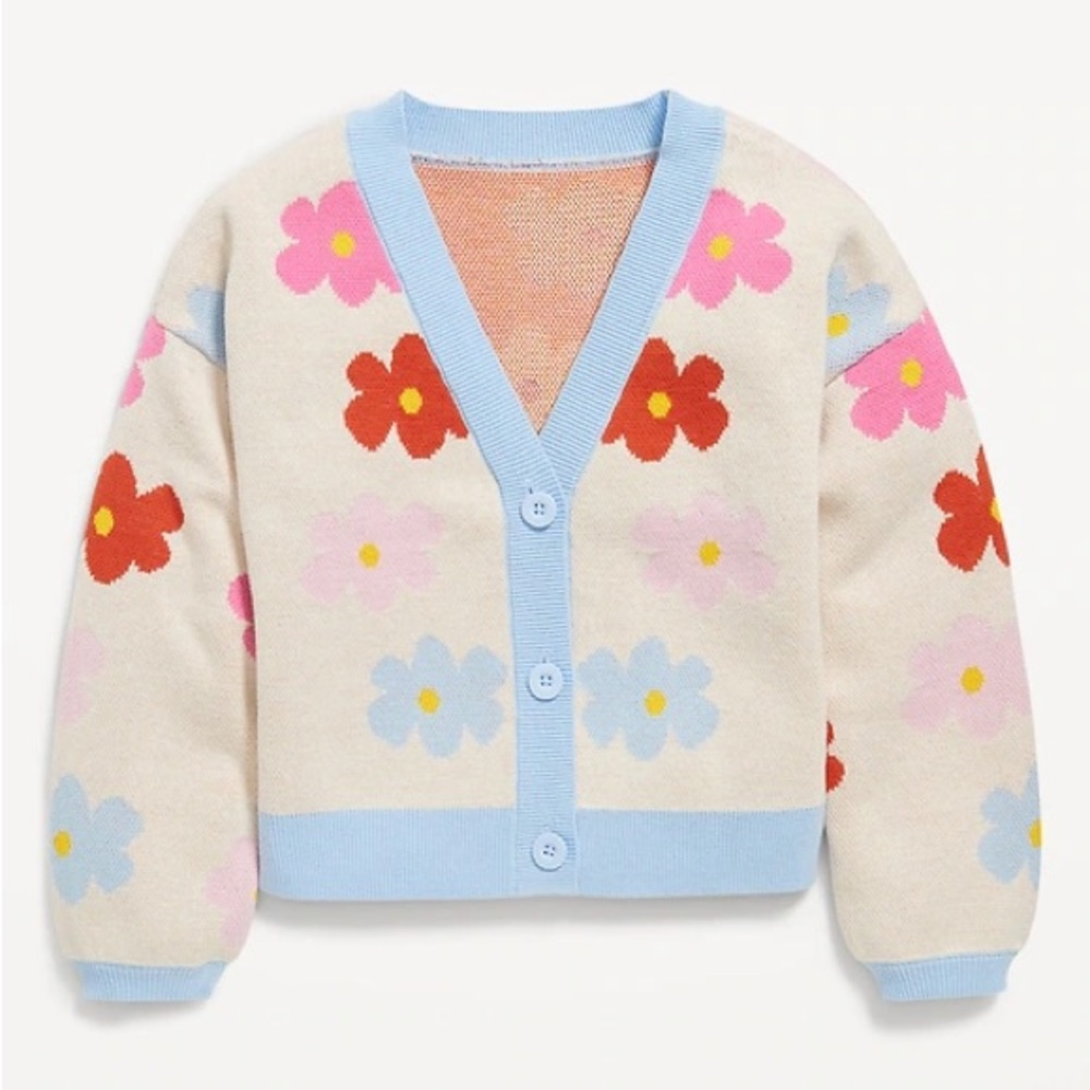 Old Navy Button Front Daisy Retro Floral Cropped Cardigan Sweater Girls XXL 18
